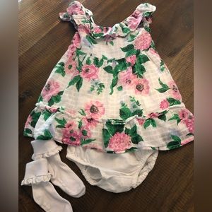 Janie and Jack White & Pink Floral Summer Dress + Bloomers & J&J Socks 18-24M